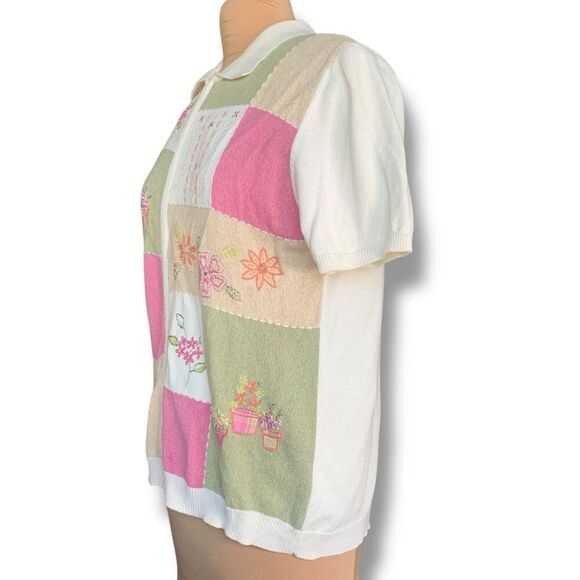 Vintage 90s Embroidered Cardigan Oatmeal Patchwork Light Pink Floral Knit Zipper - Picture 6 of 12